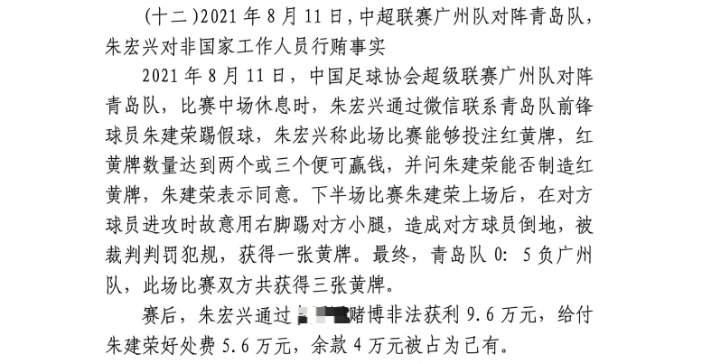 網傳判決書：青島球員朱建榮故意踢對方小腿，染黃收5.6萬好處費
