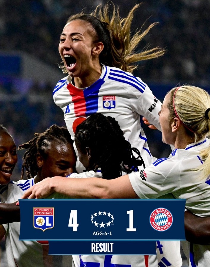 里昂女足4-1大勝拜仁女足，總比分6-1晉級(jí)女足歐冠半決賽